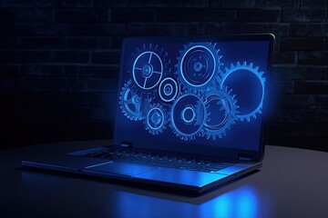 Illustration of gears on laptop screen, blue neon lights, creativity and technology concept. Generative AI