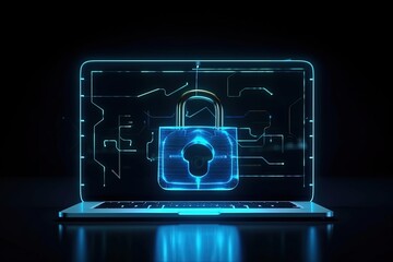 Illustration of padlock on laptop screen, blue neon lights, data security concept. Generative AI