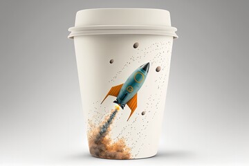 Coffee cup and rocket illustration, coffee shop and business concept, background. Generative AI