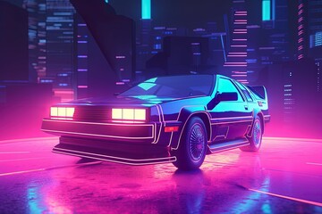 Obraz na płótnie Canvas Futuristic vintage car illustration, retro style, 80s, vaporwave, neon light. Generative AI