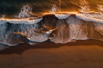 Raw Energy: Aerial View of Beach Waves at Sunset 2. Generative AI