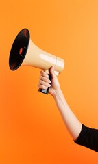 Illustration of hand holding megaphone, marketing and sales concept, orange background. Generative AI - obrazy, fototapety, plakaty