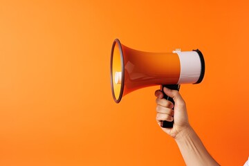 Illustration of hand holding megaphone, marketing and sales concept, orange background. Generative AI