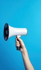 Illustration of hand holding megaphone, marketing and sales concept, blue background. Generative AI
