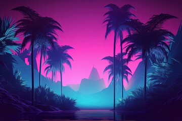 Plakat Jungle illustration, game scene, retro style, 80s, vaporwave, neon light. Generative AI