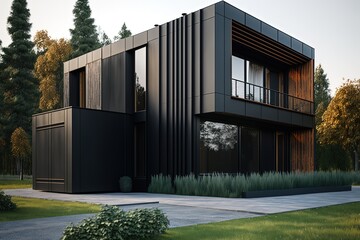 Fototapeta na wymiar Landscape with modern house in nature, wood trim, architecture concept. Generative AI