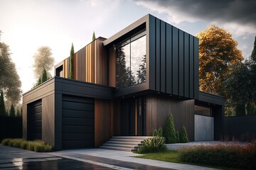 Landscape with modern house in nature, wood trim, architecture concept. Generative AI