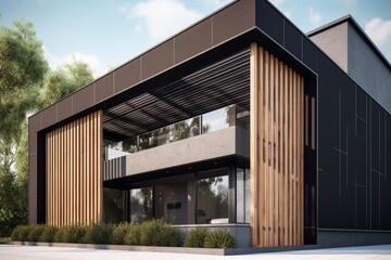 Fototapeta na wymiar Landscape with modern house in nature, wood trim, architecture concept. Generative AI