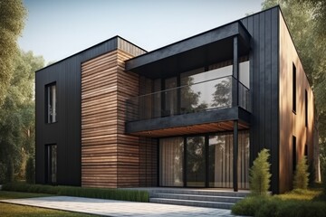 Fototapeta premium Landscape with modern house in nature, wood trim, architecture concept. Generative AI
