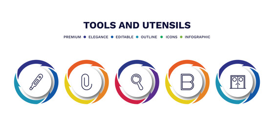 set of tools and utensils thin line icons. tools and utensils outline icons with infographic template. linear icons such as body thermometer, attachments, magnifier, bold, doors vector.