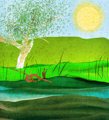 Ilustracja grafika krajobraz żuraw siedzący nad rzeką na pniu na tle drzew i traw, żółte słońce na horyzoncie. - obrazy, fototapety, plakaty