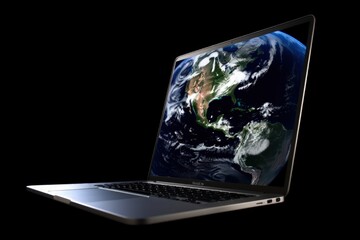 Planet earth on laptop screen, technology and globalization concept, black background. Generative AI