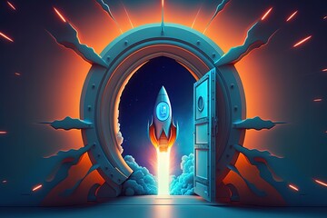 Illustration of portal and rocket taking off in the background, business and startup concept, blue background. Generative AI