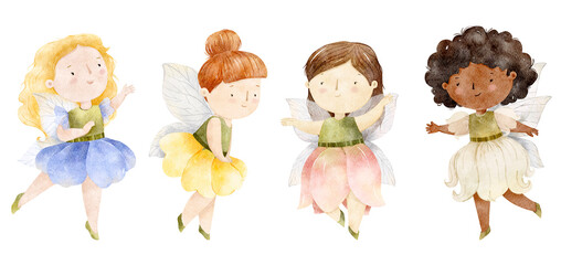 Flower girl watercolor illustration. Cute fairy clip art. Nursery kid illustration. Floral greenery botanical graphic set. Nature leaf princess collection. Spring summer illustration for kids
