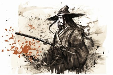 Japanese samurai with katana sword in digital watercolour illustration painting background, Generative Ai