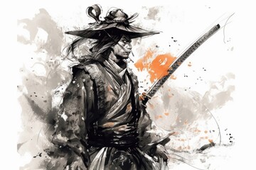 Japanese samurai with katana sword in digital watercolour illustration painting background, Generative Ai