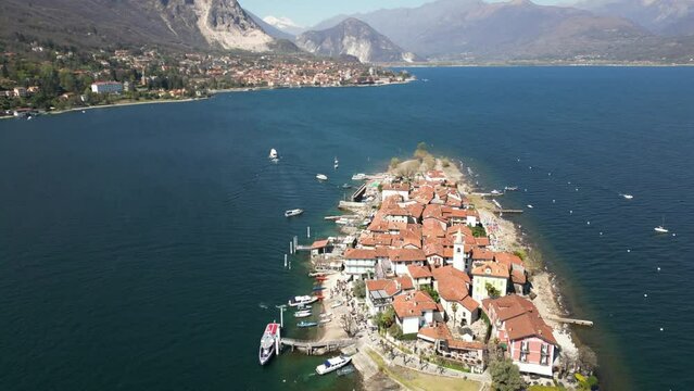 Italy - Drone aerial  view of Isola Madre, Isola Bella e Isola dei Pescatori,  the three Borromeo Islands in Stresa Arona Lake Maggiore - tourist attraction destination  