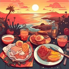 Breakfast on the beach at sunset. Vector illustration of a breakfast on the beach, Generative Ai