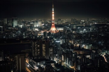Fototapeta na wymiar Tokyo Tower at night view, Beautiful Japan City with dark filter, Generative Ai