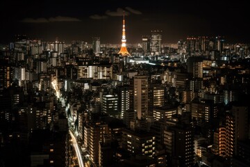 Tokyo Tower at night view, Beautiful Japan City with dark filter, Generative Ai