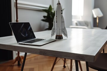 Space shuttle illustration on laptop screen, discovery concept, background. Generative AI