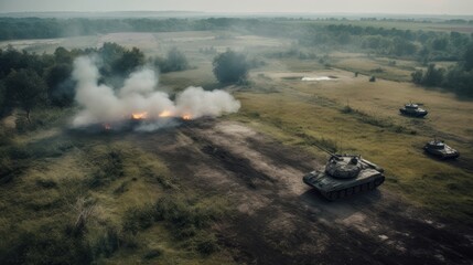 Tanks on a rough terrain battlefield, top view, wide angle lens. Generative AI.
