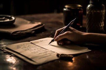 Writing a letter with a fountain pen. Retro style toned image, Generative Ai