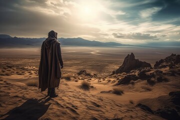 Fototapeta na wymiar Hooded man in the desert at sunset. 3d rendering, Generative Ai