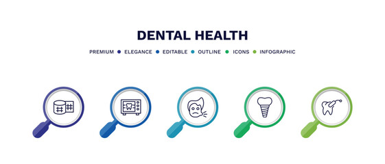 set of dental health thin line icons. dental health outline icons with infographic template. linear icons such as gauze, radiograph, sick boy, implant, tampon vector.