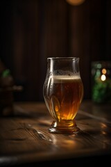 Pinte de bière avec de la mousse, verre sur un comptoir en bois dans un pub ou dans un bar, illustration ia générative 1