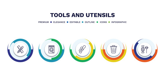 set of tools and utensils thin line icons. tools and utensils outline icons with infographic template. linear icons such as carpentry, top load washer, rubber bands, recycling bin, candies vector.