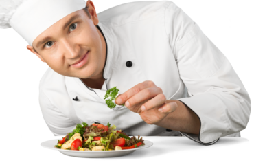 Portrait of a male chef cook preparing salad isolated on a white background