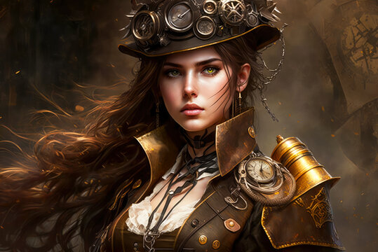 Portrait of a beautiful steampunk style girl. Created with Generative AI, no one recognisable. Not a real person.