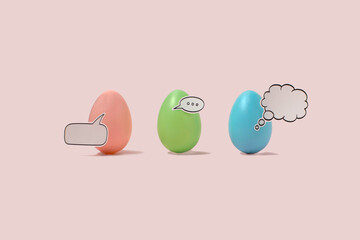 Creative colorful eggs with cartoon copy space for text on pink background. Trendy concept for banner, poster, easter, food.