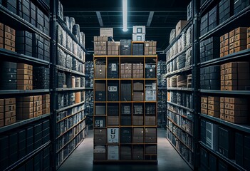 Unmatched Storage, Boxes Neatly Stacked on High and Long Shelves in a Warehouse, Generative AI