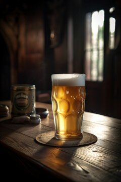 Pinte de bi&egrave;re avec de la mousse, verre sur un comptoir en bois dans un pub ou dans un bar, illustration ia g&eacute;n&eacute;rative 8