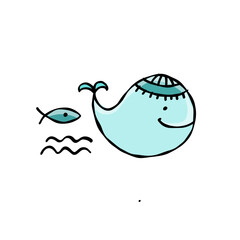 Funny wild whale character. Childish style icon, turquoise colors. Isolated on white for your design