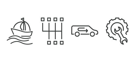 set of transportation thin line icons. transportation outline icons included sailing, shift, recirculation, repair vector.
