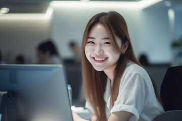 Fototapeta premium Office Working Girl, Pretty and Cute Asian Smile is sitting in front of Laptop Computer in Office Environment Background created with generative AI.