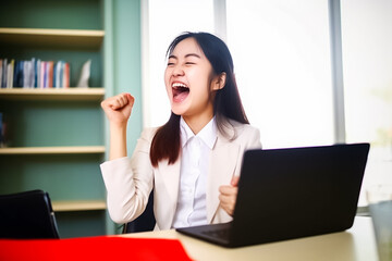 Super Happy Asian Girl Opens Huge Mouth and Shouts it Out in the Office Space. Generative AI