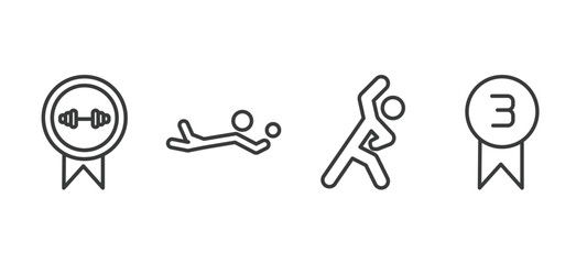 set of sport and game thin line icons. sport and game outline icons included weight lifting medal, volleyball motion, stretching, third vector.