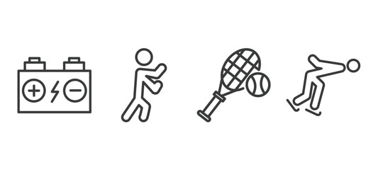 set of sport and game thin line icons. sport and game outline icons included batter, man punching, tennis game, ice skating man vector.