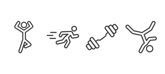 set of sport and game thin line icons. sport and game outline icons included yoga posture, man sprinting, weighted bars, breakdance vector.