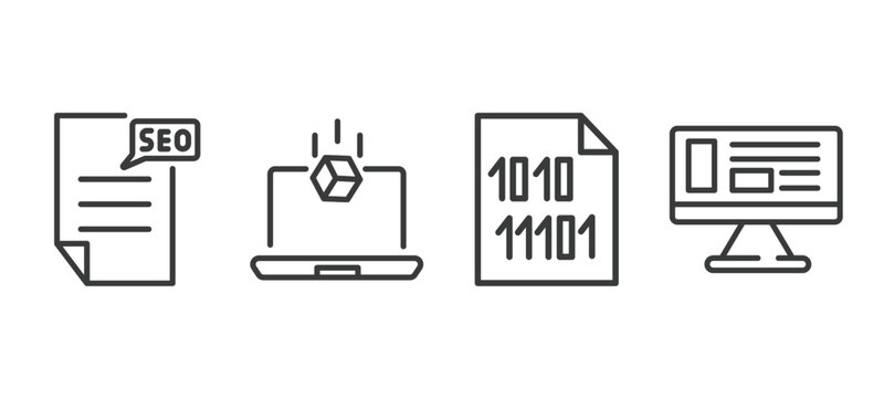 set of information technology thin line icons. information technology outline icons included seo report, simulation, binary file, adaptive layout vector.