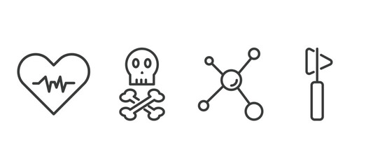 set of medical and healthcare thin line icons. medical and healthcare outline icons included diagtic, skull and bone, molecular configuration, medical hammer tool vector.