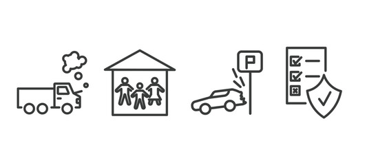 set of insurance and coverage thin line icons. insurance and coverage outline icons included total loss, family house, parking crash, contract coverage vector.
