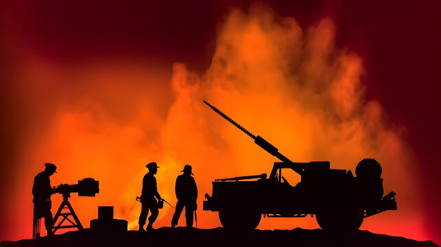 Soldiers and vehicle during battle with background of fire and smoke. Concept of world war.