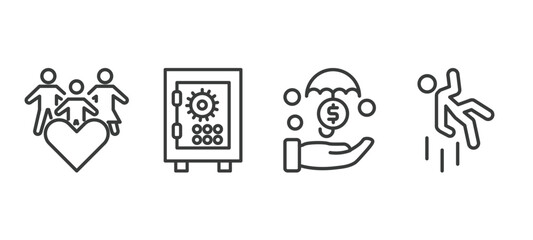 set of insurance and coverage thin line icons. insurance and coverage outline icons included family care, bank safe, investment insurance, falling vector.