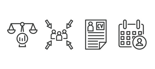 set of human resources thin line icons. human resources outline icons included benchmarking, meeting point, curriculum vitae, appointment vector.