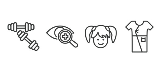 set of health and medical thin line icons. health and medical outline icons included dumbbells, optometrist, girl, patient robe vector.